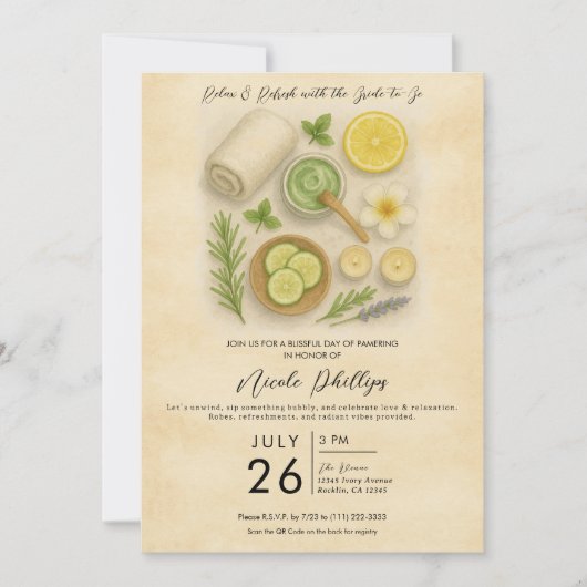 上質なスパでの贅沢な美容デー ブライダルシャワー 招待状 (正面)