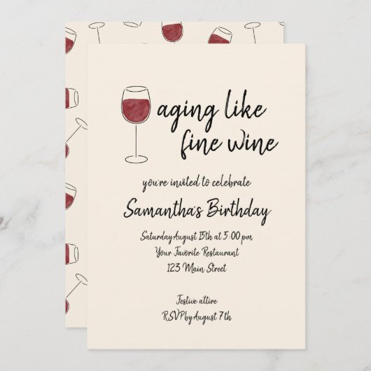 上質なワインのように熟成する 赤ワイン グラス 誕生日 招待状 (正面/裏面)