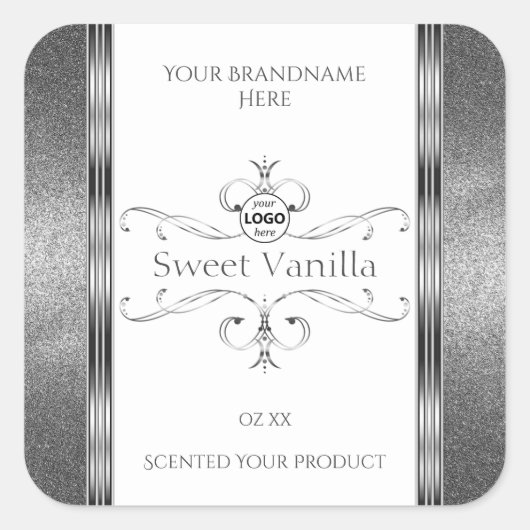 上質な白銀ラベル おしゃれな装飾が施されたロゴ入り スクエアシール (正面)