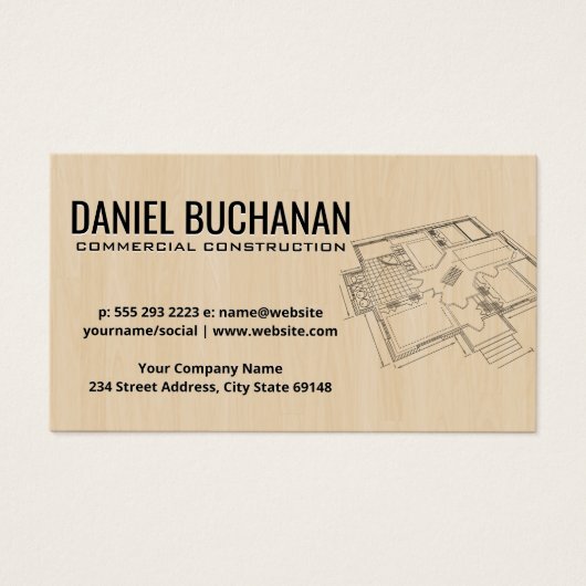 上面図の青写真 | 木目背景 (正面)