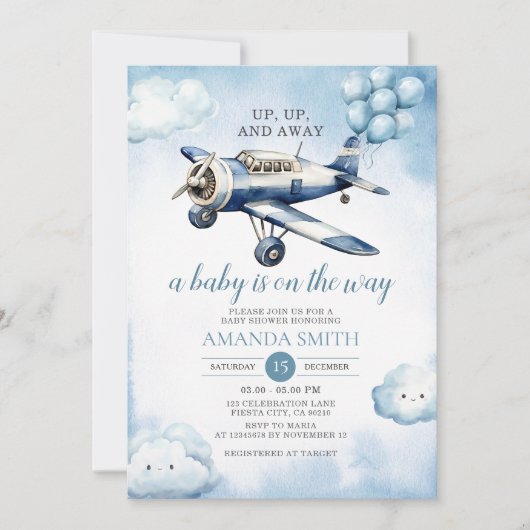 上、上、飛行機の赤遠くにちゃんシャワー青バルーン 招待状 (正面)
