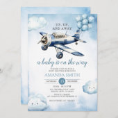 上、上、飛行機の赤遠くにちゃんシャワー青バルーン 招待状 (正面/裏面)