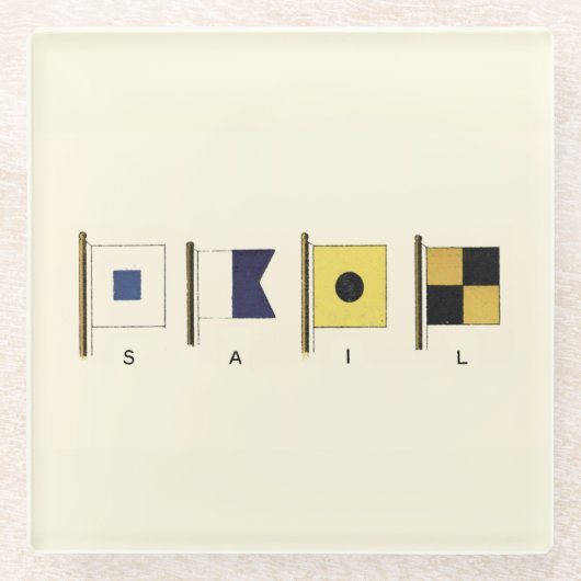 下に絵画帆を持つ四つのフラ書グのの ガラスコースター (正面)