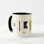 下に絵画帆を持つ四つのフラ書グのの マグカップ (正面左)