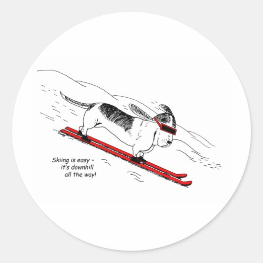 下りおもしろい坂スキー犬シール ラウンドシール (正面)