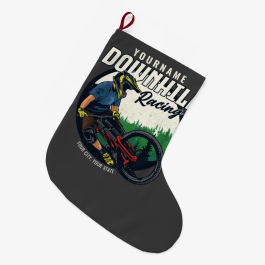 下りパーソナライズされたヒルレーシングマウンテンバイクトレイル ラージクリスマスストッキング (正面 (吊り時))