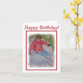 下り坂のスキーヤーのハッピーバースデー カード (黄色い花)