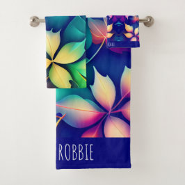 下り葉紫色グラデーション虹パターン バスタオルセット