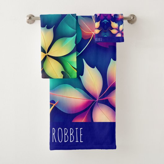 下り葉紫色グラデーション虹パターン バスタオルセット (インサイチュ)