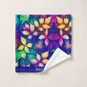 下り葉紫色グラデーション虹パターン バスタオルセット (ウォッシュタオル)