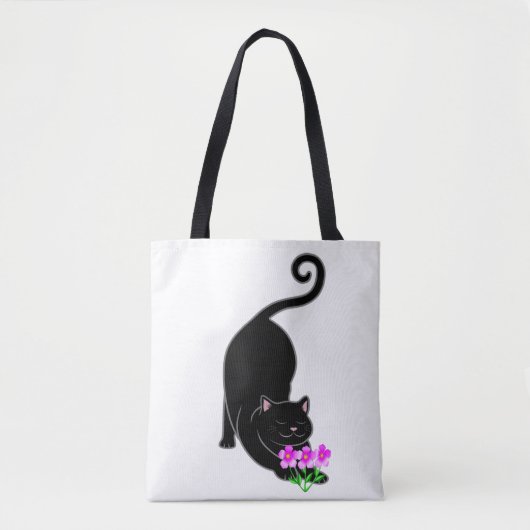 下向きの黒猫ちゃんとピンクの花 トートバッグ (正面)