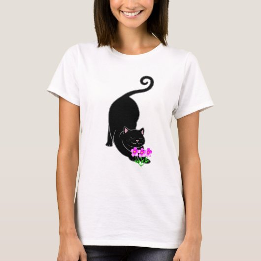 下向きの黒猫ちゃんとピンクの花 Tシャツ (正面)