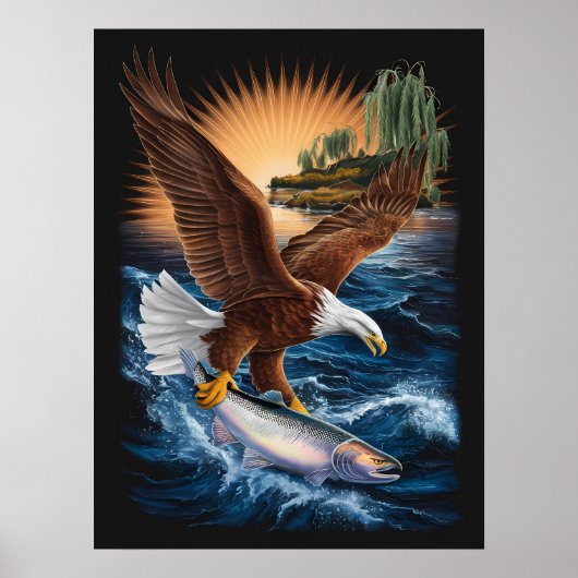 下威厳のあるの魚の上に舞うワシ ポスター (正面)