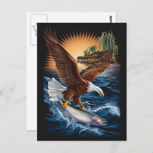 下威厳のあるの魚の上に舞うワシ ポストカード (正面/裏面)