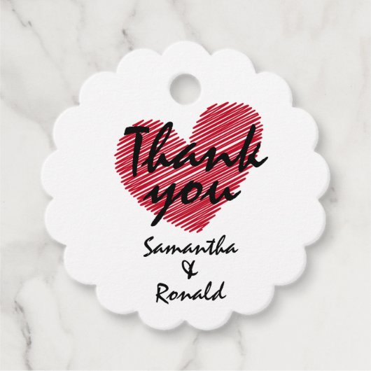 下書き風 赤いハートのウェディング フェルトタグ フェイバータグ (正面)