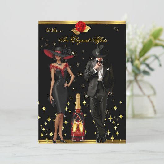 不倫エレガントレッドドレスタキシード金ゴールド誕生日shh 招待状 (スタンド正面)