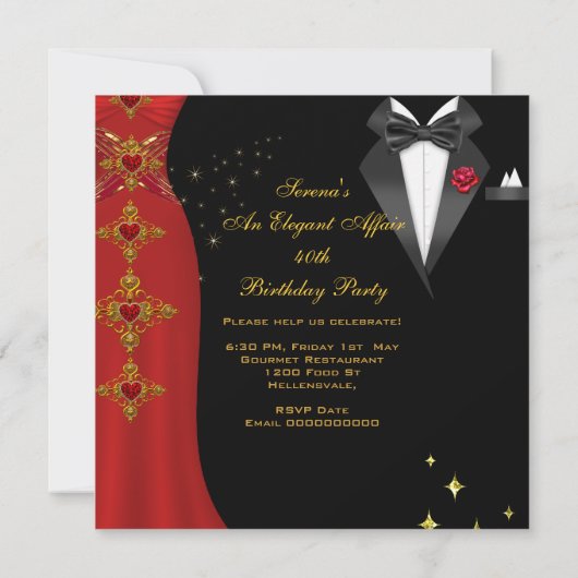 不倫エレガントレッドドレスブラックタイ金ゴールドレッドローズ4 招待状 (裏面)