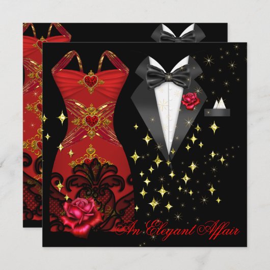 不倫エレガントレッドドレスブラックタイ金ゴールドレッドローズ5 招待状 (正面/裏面)
