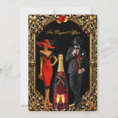 不倫エレガントレッドローズドレスタキシード金ゴールド誕生日 招待状 (正面)