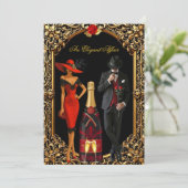 不倫エレガントレッドローズドレスタキシード金ゴールド誕生日 招待状 (スタンド正面)