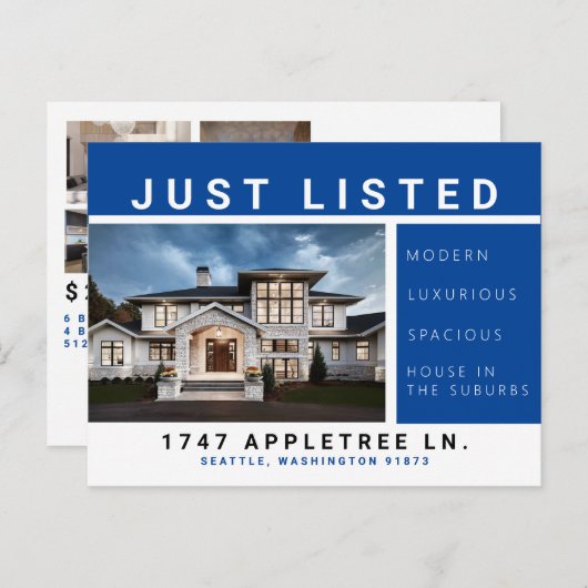 不動産の郵便はがきの青のちょうどリストされた贅沢 案内ポストカード (正面/裏面)