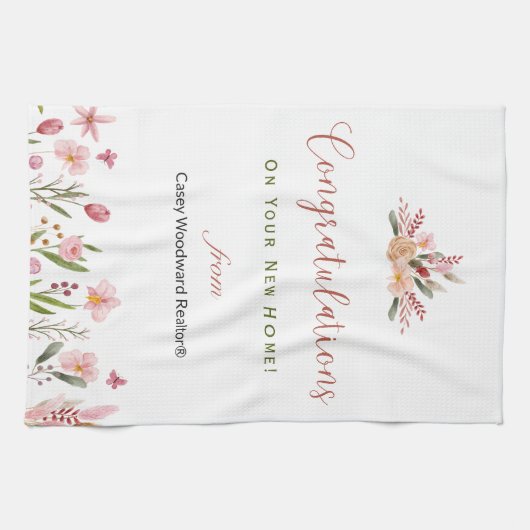 不動産仲介業者おめでとうパーソナライズされた花 キッチンタオル (横)