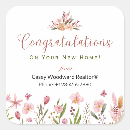 不動産仲介業者おめでとうパーソナライズされた花 スクエアシール (正面)