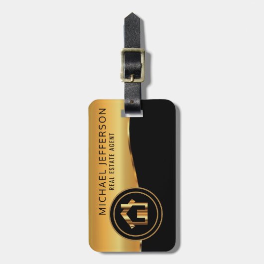不動産仲介業者の代理店-黒および金ゴールド ラゲッジタグ (正面縦)