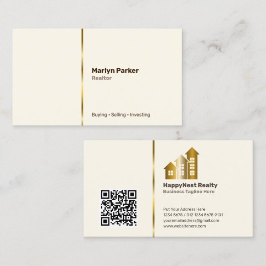 不動産仲介業者の個人写真、QRコード、ロゴが壊れた白 名刺 (正面/裏面)