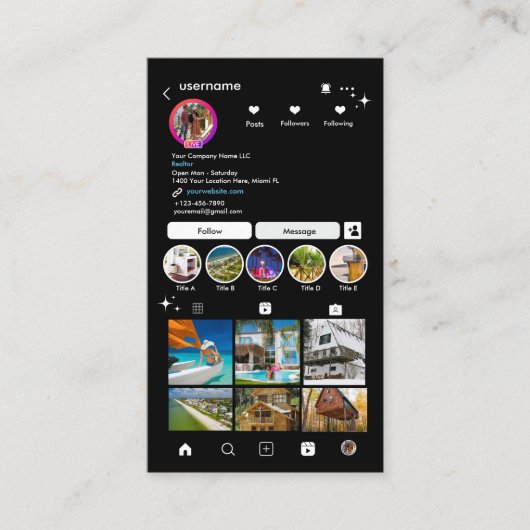 不動産仲介業者インスタ実在グラムエステートエージェントブラックQRコード 名刺 (正面)