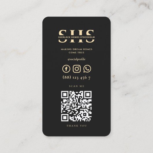 不動産仲介業者モダンエテ実在ートモノグラムブラック金ゴールド 名刺 (裏面)