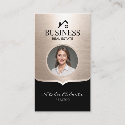 不動産仲介業者モダンブラック金ゴールド実在エステートエージェント写真 名刺 (正面)