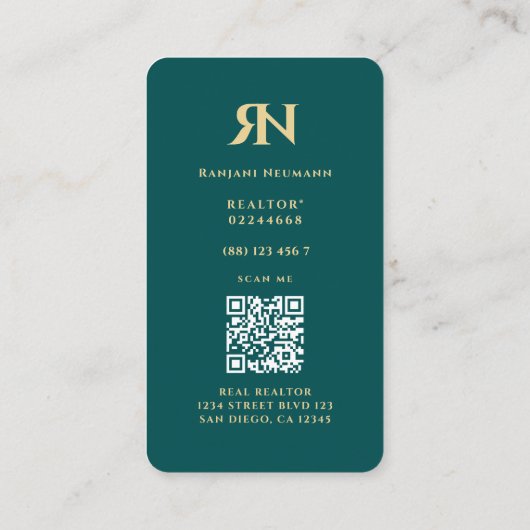不動産仲介業者モダンモノグラムR Nダークティール(緑がかった色)エテ実在ート 名刺 (裏面)