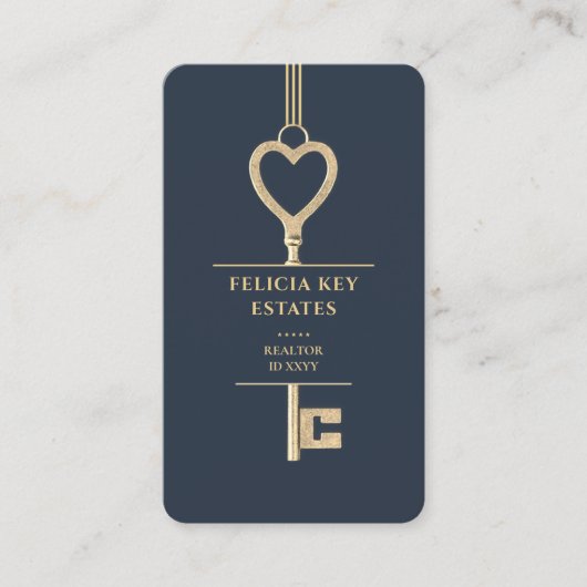 不動産仲介業者モーゲージエレガントブローカーダークブルー金ゴールド鍵 名刺 (正面)