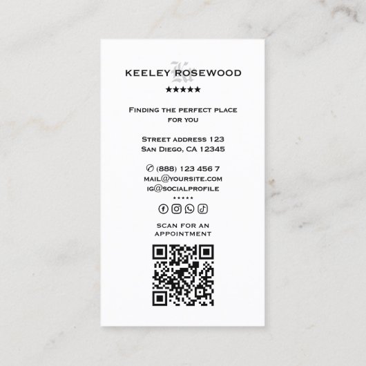 不動産仲介業者モーゲージブローカーモノグラムミニマルホワイト 名刺 (裏面)