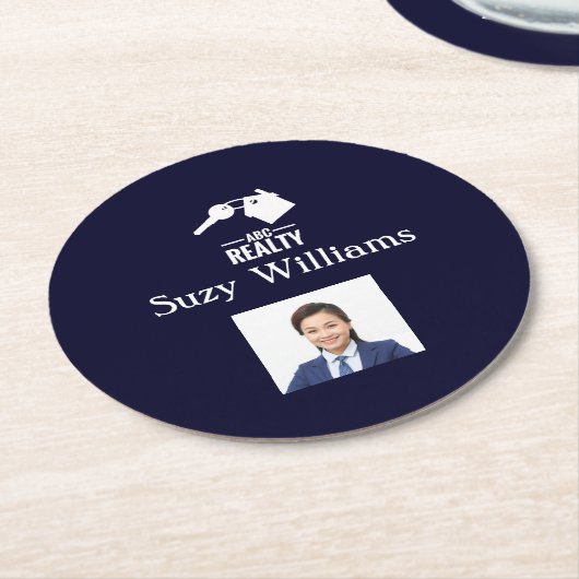 不動産仲介業者ロゴとフォト紙コースター ラウンドペーパーコースター (アングル)