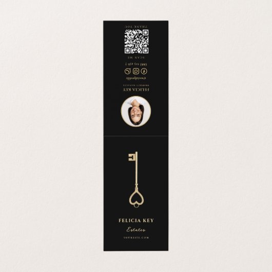 不動産仲介業者実在エステートエージェントブラック金ゴールド鍵QR写真 名刺 (外部フラット)