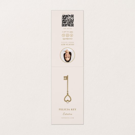 不動産仲介業者実在エステートエージェント金ゴールド鍵QR赤面ピンク 名刺 (外部フラット)
