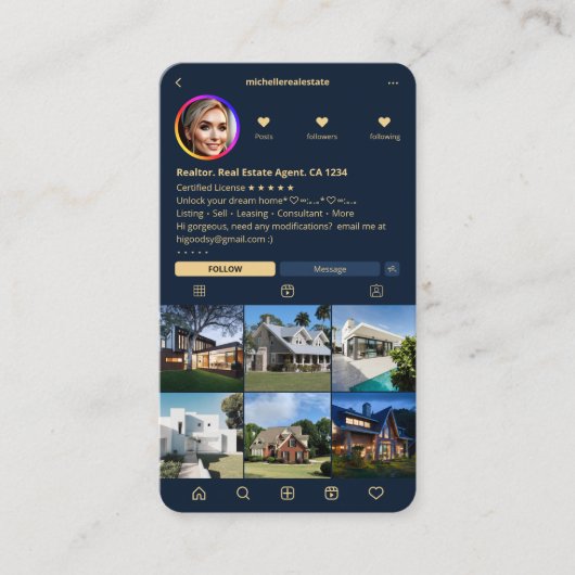 不動産仲介業者実在エテートエージェントIGネイビーブルーモダン 名刺 (正面)