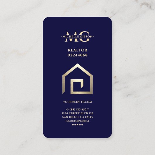 不動産仲介業者金ゴールド鍵ハウスモダンミッドナイトブルー 名刺 (裏面)
