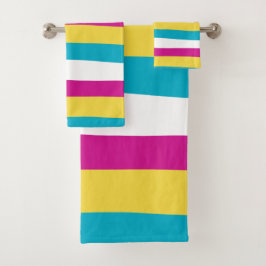 不均一ストライプなターコイズ – 黄、ピンクと白 バスタオルセット