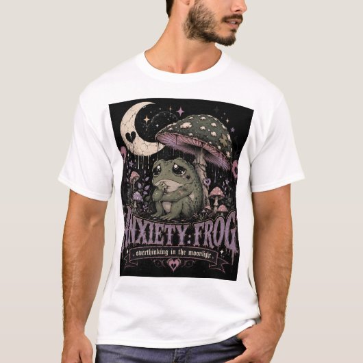 不安カエル 月夜のオーバーシンキング デザイン Tシャツ (正面)