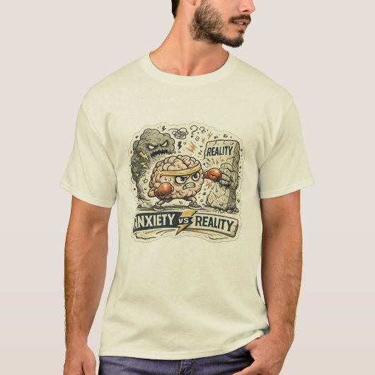 不安 vs 現実 楽しいメンタルヘルス ユーモア イラスト tシャツ (正面)