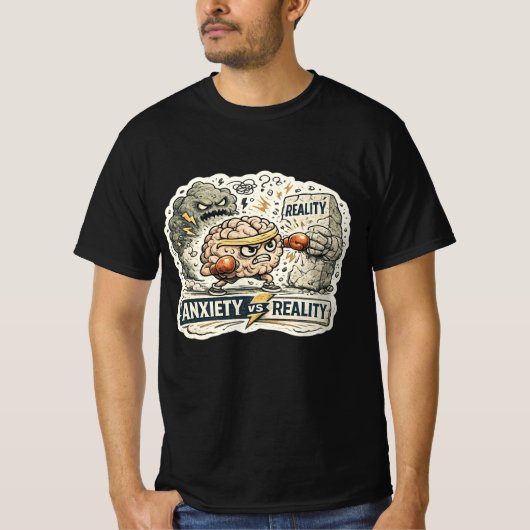 不安 vs 現実 楽しいメンタルヘルス ユーモア イラスト tシャツ (正面)