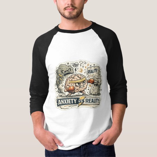 不安 vs 現実 楽しいメンタルヘルス ユーモア イラスト tシャツ (正面)
