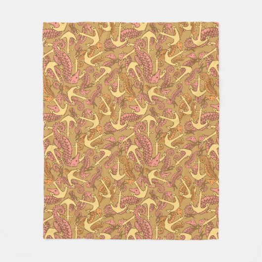 不完全なタツノオトシゴおよびいかりパターン フリースブランケット (正面)