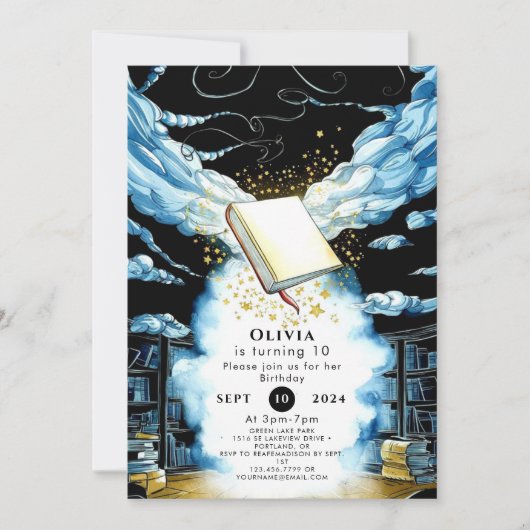 不思議で魔法がいっぱいの図書館の物語のような誕生日 招待状 (正面)