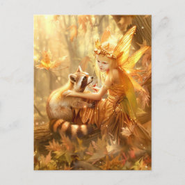 不思議なアライグマを持つ秋の妖精 ポストカード
