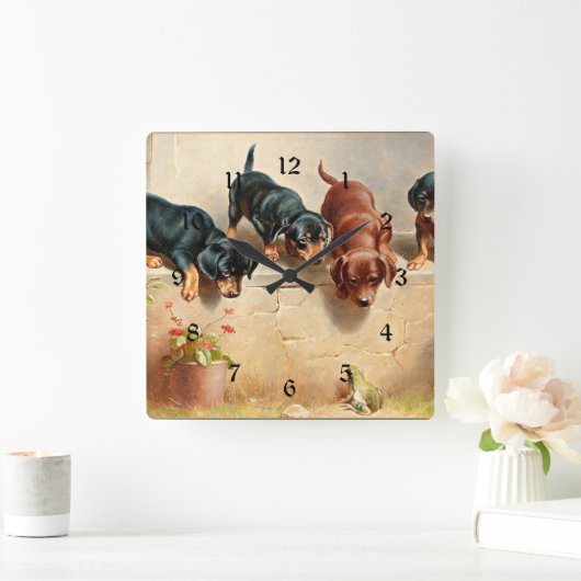 不思議なダシュントの子犬とカエル スクエア壁時計 (ホーム)