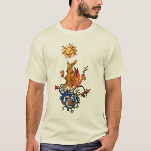 不思議な中世のベスティアリー、錬金術師、レッドドラゴン、太陽 Tシャツ (正面)